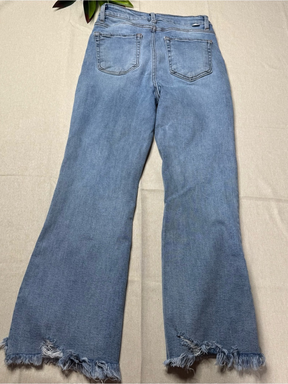 Risen High Rise Flare Jeans Raw Hem Light Wash Stretch Size 7/28 - Picture 3 of 12